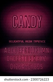 Candy sign and pink neon narrow font with numbers on vector dark brick wall background. Passionate night light alphabet extra glow effect