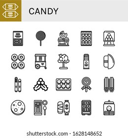 candy simple icons set. Contains such icons as Chocolate, Marshmallow, Lollipop, Donut shop, Candy machine, Cracknels, Ice cream cart, Melt, can be used for web, mobile and logo