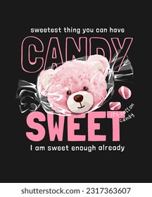 candy slogan with pink bear doll head in candy wrap vector illustration on black background