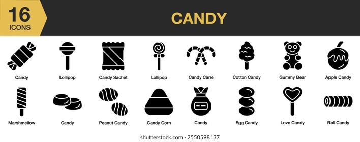 Conjunto de iconos de caramelo sólido. Incluye piruleta, bolsita, algodón, maíz, maní, malvavisco y más. Colección de Vector de iconos sólidos.