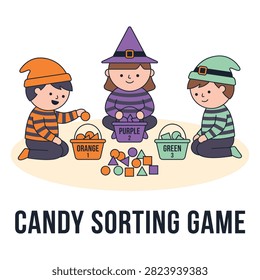 Candy sorting game vector illustration featuring children learning to sort shapes and colors into labeled buckets with educational activity elements