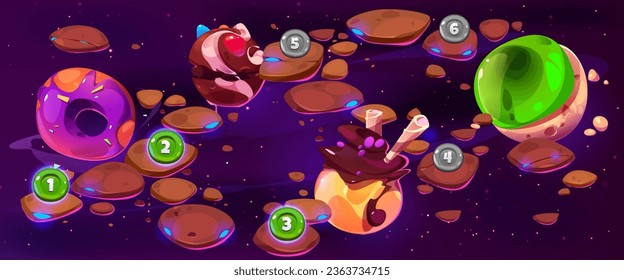 Candy space game level map ui illustration vector. Chocolate background with food planet for fantasy mobile app platform plan cartoon design. Sweet cake and donut galaxy system environment landscape