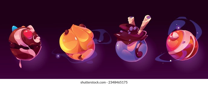 Weltraum-Planet für Wildnahrung Welt Cartoon. Schokolade Galaxie Fantasy in 2D Yummy Ball. Sonnensystem mit violettem Kuchendessert. Farbiges Gelee-Kosmos-Universum mit gelbem Creme-Satelliten