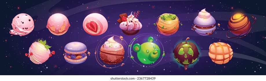 Candy space planet game world vector cartoon set. Magic chocolate and yummy cream food ui illustration for fantasy candyland universe. Strawberry dessert for asteroid and jelly green satellite