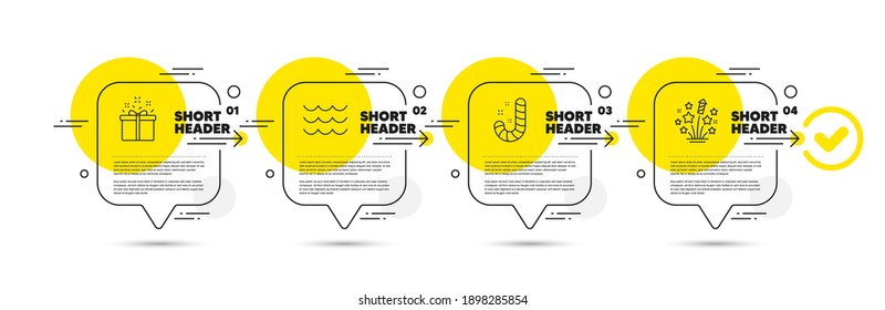 Candy, Special offer and Waves line icons set. Timeline infograph speech bubble. Fireworks stars sign. Lollypop, Delivery box, Water wave. Pyrotechnic salute. Holidays set. Vector