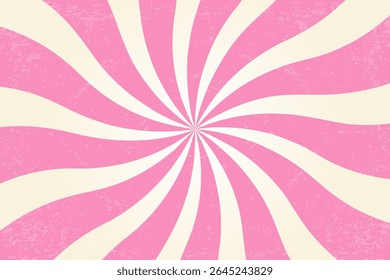 Candy spiral background. Strawberry pink and cream swirl vector abstract bg with texture. Sweet lollipop cane. Abstract radial vortex with rays. Striped sunburst with marshmallow. Vector
