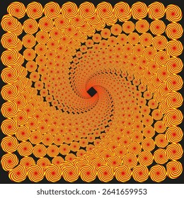 Candy spiral illusion. Red yellow pattern. Hypnotic swirl vector. Dark background figure.