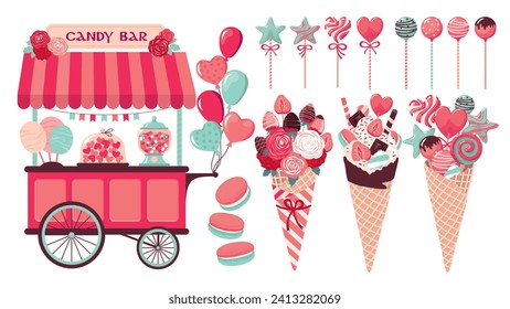 Candy stall with a variety of sweets set. Caramel, ice cream, lollipop bouquet, strawberries. Ice cream in a waffle cup. A romantic stall with sweets for Valentine's Day . Illustrated vector clipart.