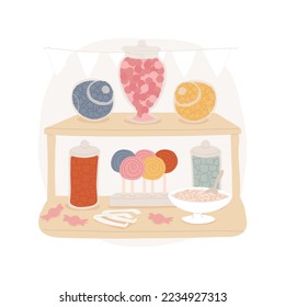 Candy station isolated cartoon vector illustration. Sweet buffet, table with jars, platters with colorful candies, lollipop station caramel bar, kids home birthday party vector cartoon.