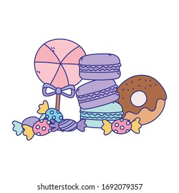 candy in stick caramels donuts and macaroons sweet confectionery isolated icon vector illustration
