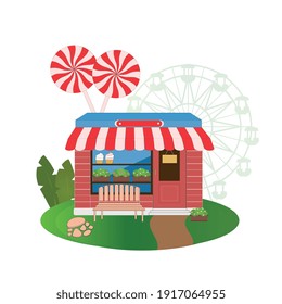 a candy store, a cafe, and a city carousel. Ready-made illustration. Suitable for logo or postcard