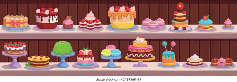 Candy store. Pastry and cake shop. cakes and pastries are on the shelves. Big Set of holiday cakes and pastries.
 Happy birthday illustration in cartoon style