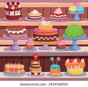 Candy store. Pastry and cake shop. cakes and pastries are on the shelves. Set of holiday cakes and pastries.
 Happy birthday illustration in cartoon style