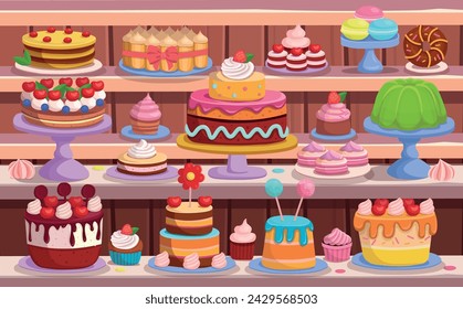 Tienda de dulces. Pastelería y pastelería. Pasteles y repostería están en los estantes. Gran Set de pasteles y pasteles de vacaciones.
 Ilustración de cumpleaños feliz en estilo de dibujos animados