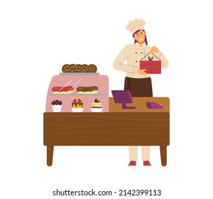 Candy Store Or Pastry Counter With A Friendly Salesperson Behind It, Flat Cartoon Vector Illustration Isolated On White Background. Confectionery Or Pastry Shop.