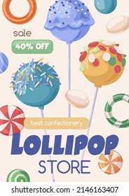 Candy Store, Poster Template With Lollipops, Sugar Snacks, Bonbons, Caramels On Background. Sweet Shop Advertisement, Vertical Promotion Sale Card Design With Lolly Pops. Flat Vector Illustration