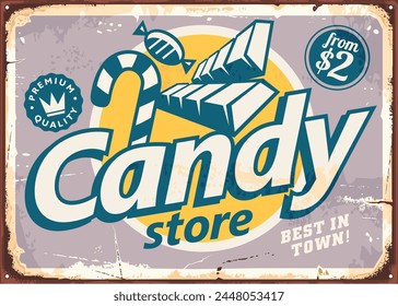 Candy store retro graphic with chocolates and sweets. Sweet food vintage poster on purple background. Candies vector illustration.