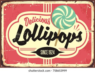 Candy store retro sign design. Lollipops, sweets and candies vintage poster design. Vector illustration.