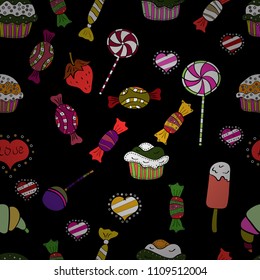 Candy store. Seamless. Vector illustration. Sweets and candles, line drawings.