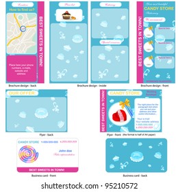 Candy store stationary - brochure design, flyer design and business card design in one package and fully editable.