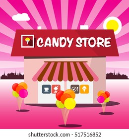 Candy Store Vector Pink Cartoon. Shop with Ice Creams and Abstract City on Background.