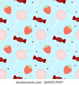 candy strawberry on blue background, fabric pattern, gift wrapping paper, seamless pattern 