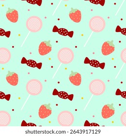 candy strawberry on green background, fabric pattern, gift wrapping paper, seamless pattern 