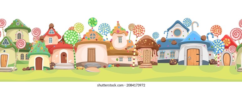 Candy Street. Sweet caramel Fee House. Nahtlose horizontale Illustration im Cartoon-Stil flach Design. Bild für Kinder einzeln auf weißem Hintergrund. Vektorgrafik.