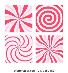 Candy striped backgrounds set. Swirling and spiral sunbursts psychedelic patterns.