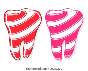 Candy Striped Teeth depicting the idiom to have a sweet tooth, cartoon on white