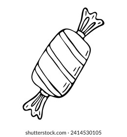 Bonbons in gestreiftem Wrapper-Doodle. Schokoladendessert. Handgezeichnete Grafik.