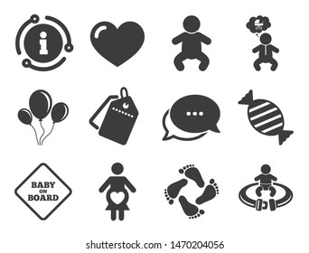 Candy, strollers and fasten seat belt signs. Discount offer tag, chat, info icon. Pregnancy, maternity and baby care icons. Footprint, love and balloon symbols. Classic style signs set. Vector