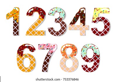 Candy sweet chocolate font. Ice cream numerals. Wafer figures. Vector illustration