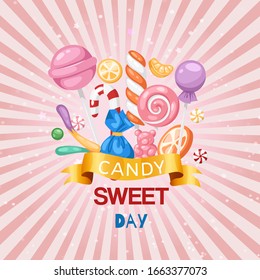 Candy sweet day confectionery retro background with lollipop, caramel and jelly cartoon vector illustration poster. Candy sweet background for shop and confectionary.