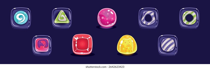 Candy and Sweet of Different Shape and Color as Game Element Vector Set