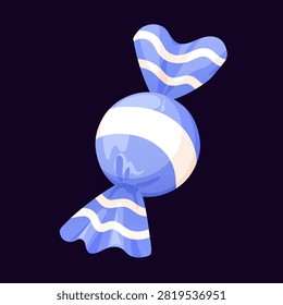 Candy, sweet drop in wrapper, game icon. Bonus treat, sugar confectionery. Wrapped bonbon, round sweetmeat. Caramel bon-bon snack in wrapping in cartoon style. Isolated flat vector illustration