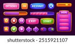 Candy sweet game interface. Cartoon vector menu windows, options, settings, plates with ui buttons, progress bars and gui elements. Glossy user panels with lollipop slider, 2d app design templates set