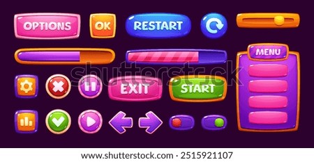 Candy sweet game interface. Cartoon vector menu windows, options, settings, plates with ui buttons, progress bars and gui elements. Glossy user panels with lollipop slider, 2d app design templates set