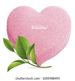 Candy sweet heart. Beautiful invitation card. Holiday greeting illustration. Design element for Happy Valentine's Day. Vector picture of heart with green leaves