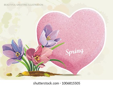 Candy sweet heart. Beautiful invitation card. Holiday greeting illustration. Design element for Happy Valentine's Day. Vector picture with crocus