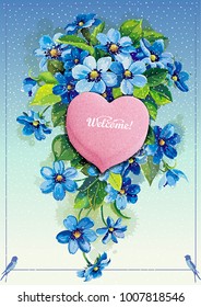 Candy sweet heart. Beautiful invitation card. Valentine's day greeting illustration. Beautiful picture with flowers