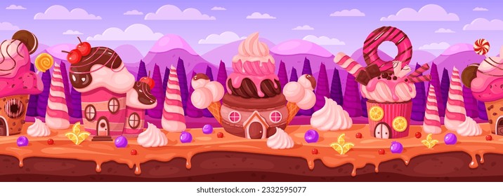 Candy sweet land vector illustration. Cartoon seamless background of magic confectionery world, game panorama landscape with cake gingerbread houses and trees, chocolate and ice cream dream village