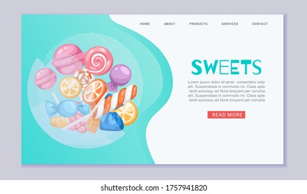 Candy sweet landing banner, vector illustration. Web page with colorful food, sugar snack cartoon design. Internet template tasty dessert, confectionery lollipop layout and caramel collection.