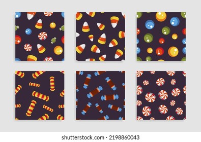 Candy sweet seamless pattern set vector illustration. Bright sugar caramel lollipops festive delicious treat wallpaper template. Decorative assorted food juicy package confectionery delicacy