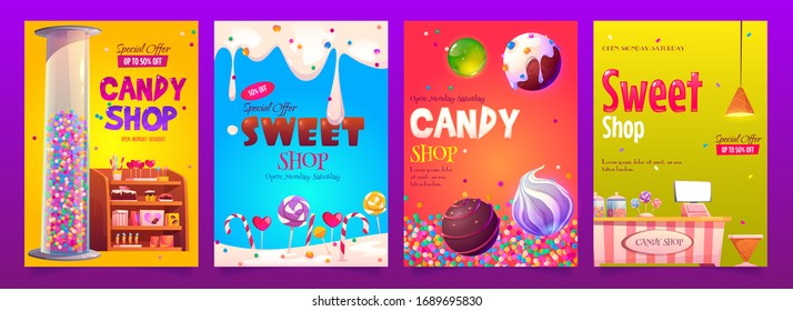 Candy and sweet shop ad banners set. Various pastry on shelf, cashier desk, chocolate, candycanes and lollipops, glass tube with bubble gum, dripping ice cream, special offer cartoon vector posters