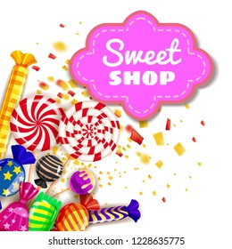 Candy Sweet Shop background set of different colors of candy, candy, sweets, candy, jelly beans. The explosion of confetti, the rays of light, holiday, Christmas. Template, poster, banner, vector