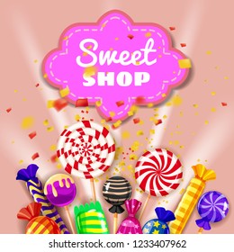 Candy Sweet Shop background set of different colors of candy, candy, sweets, candy, jelly beans. The explosion of confetti, the rays of light, holiday, Christmas. Template, poster, banner, vector