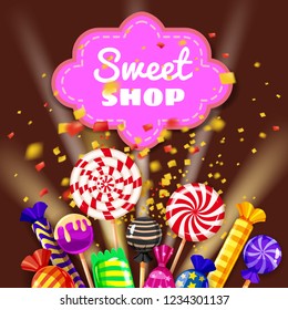 Candy Sweet Shop background set of different colors of candy, candy, sweets, candy, jelly beans. The explosion of confetti, the rays of light, holiday, Christmas. Template, poster, banner, vector