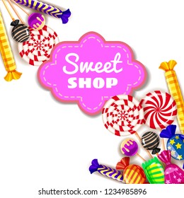 Candy Sweet Shop background set of different colors of candy, candy, sweets, candy, jelly beans. Template, poster, banner, vector, isolated, cartoon style