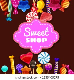 Candy Sweet Shop background set of different colors of candy, candy, sweets, candy, jelly beans. Template, poster, banner, vector, isolated, cartoon style